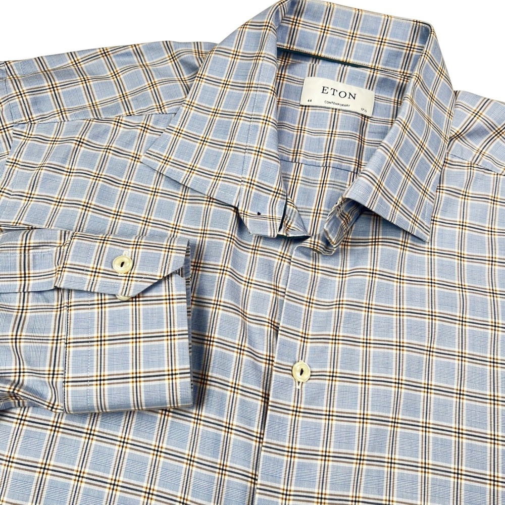 Eton Contemporary Fit Dress Shirt Mens 17.5 44 Blue Brown Plaid Long Sleeve